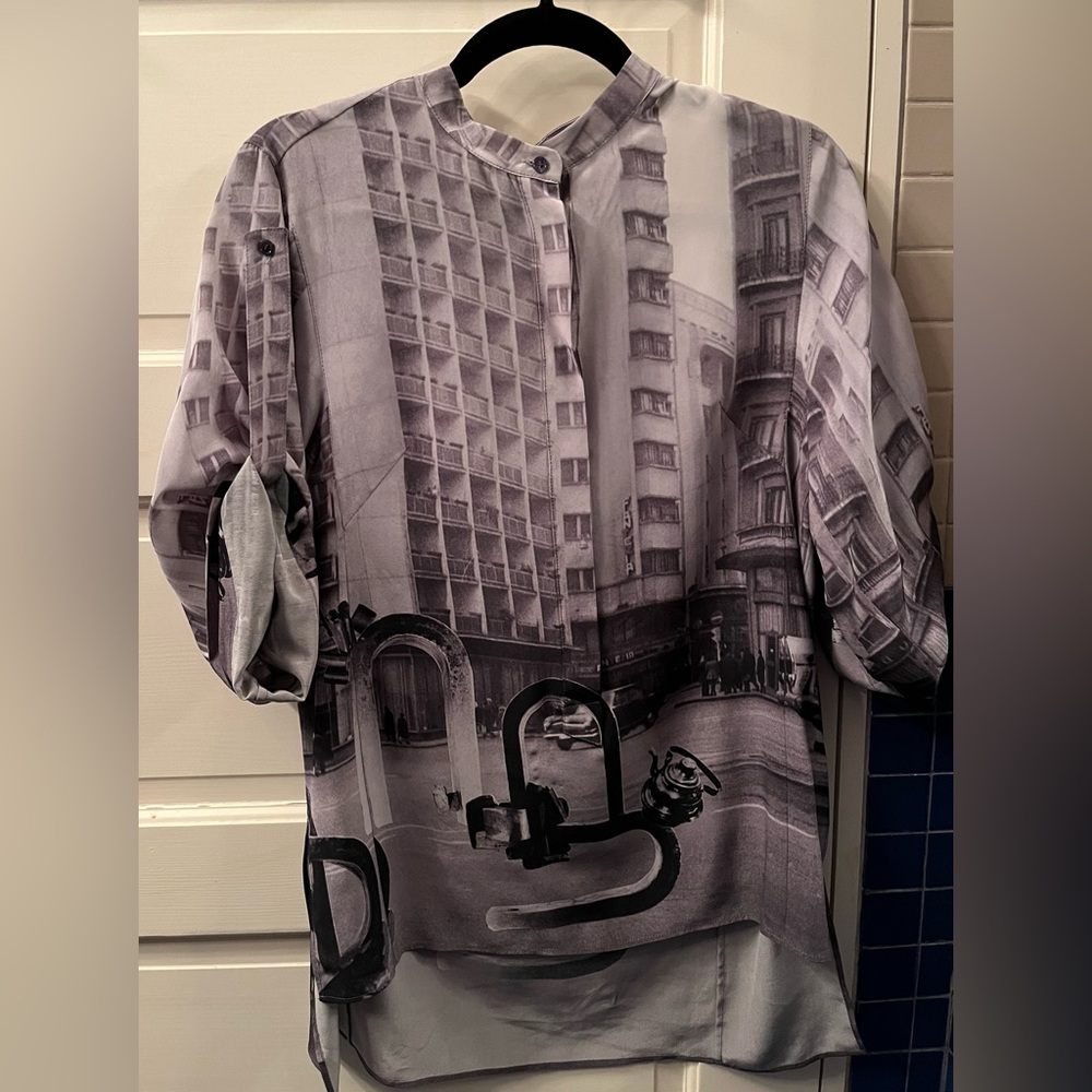 AKRIS Grey Black Silk Tunic Blouse Caftan Convertible Tab Sleeve US 8 Fr 40 IT44